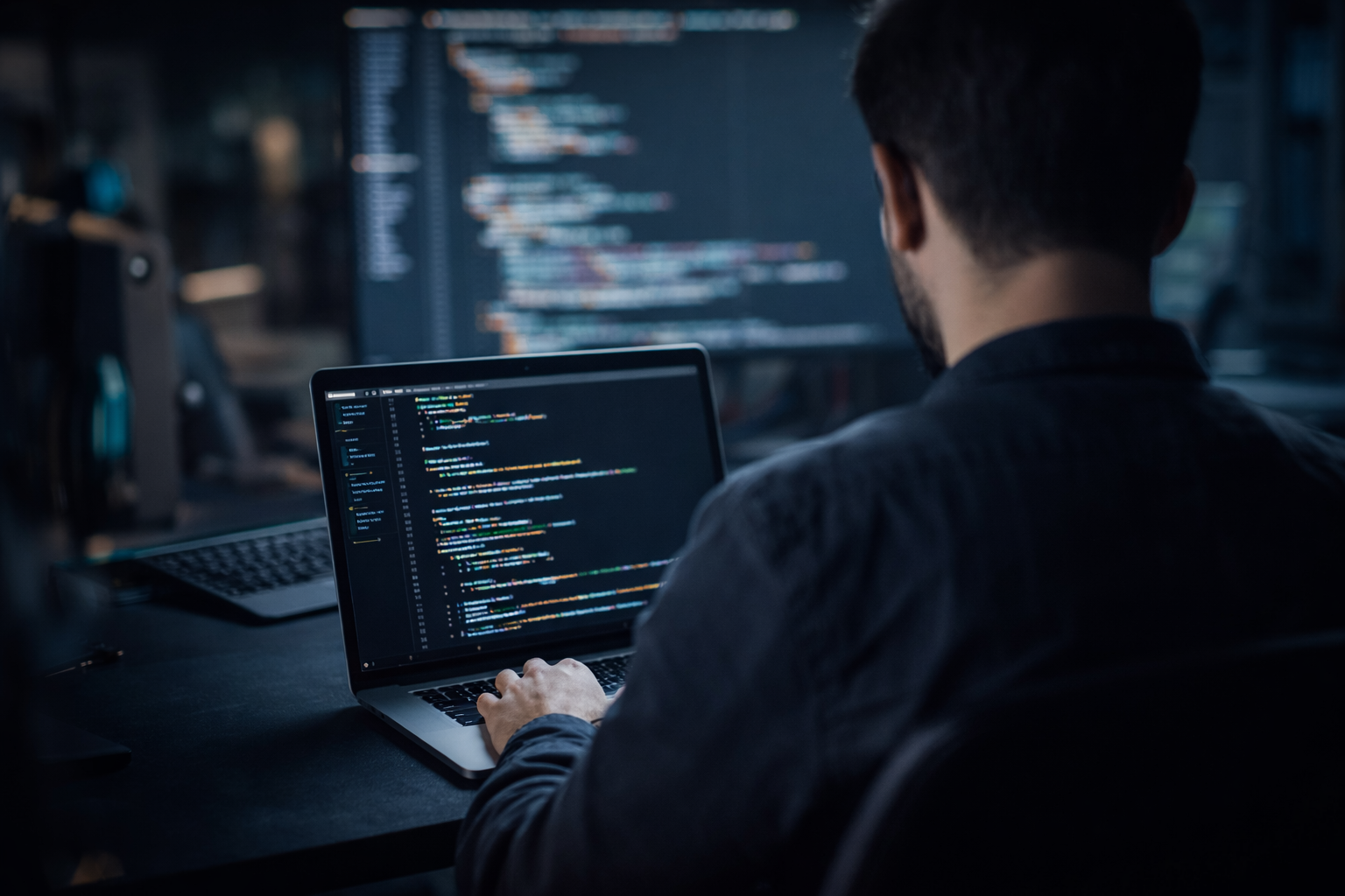 A coder working on a laptop in a dark workspace (face not visible).